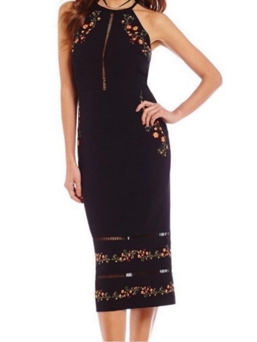 Gianni Bini Black Embroidered Halter Midi Dress - Women
